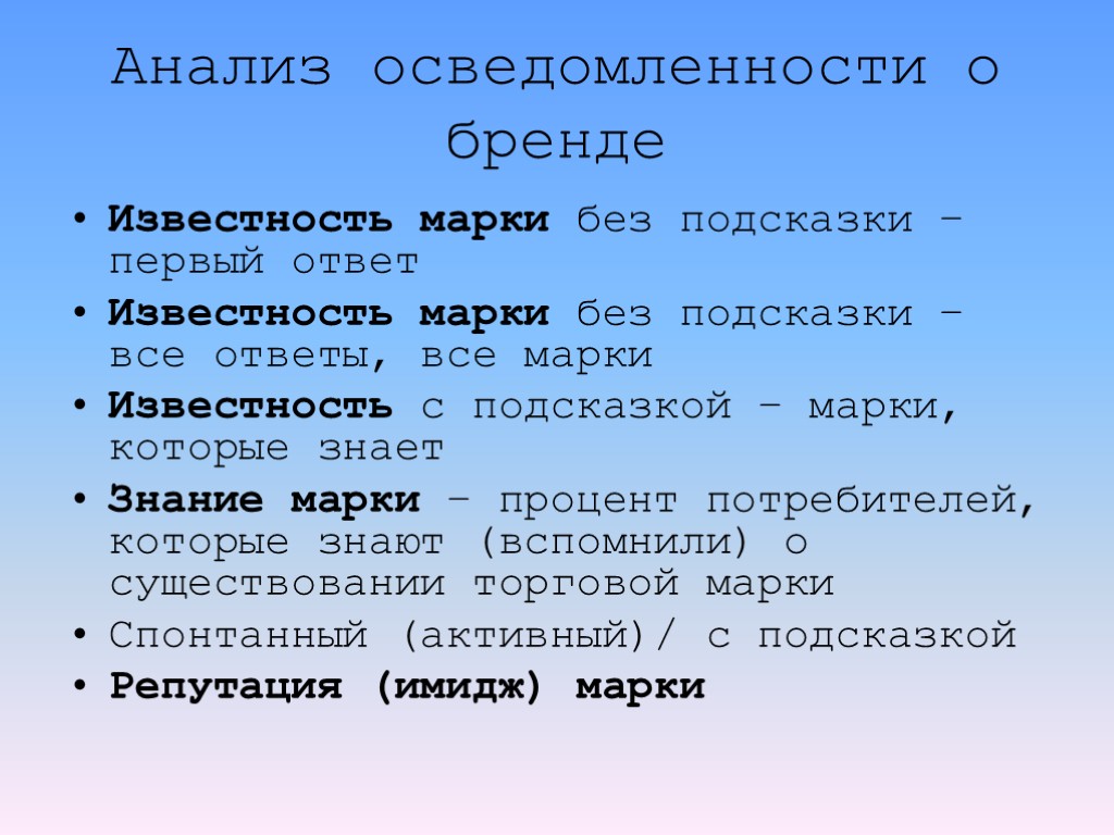 Анализ осведомленности о бренде Известность марки без подсказки – первый ответ Известность марки без